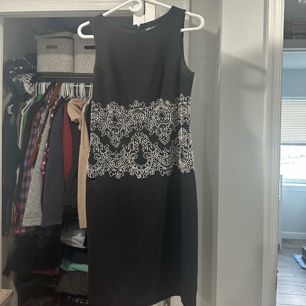 Karl Lagerfeld Black Midi Dress with White Lace Band